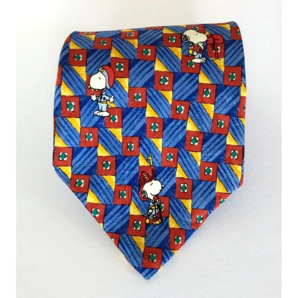 SNOOPY Peanuts Silk Tie Is It Friday Yet? Blue Red & Yellow Geometric Stripe USA